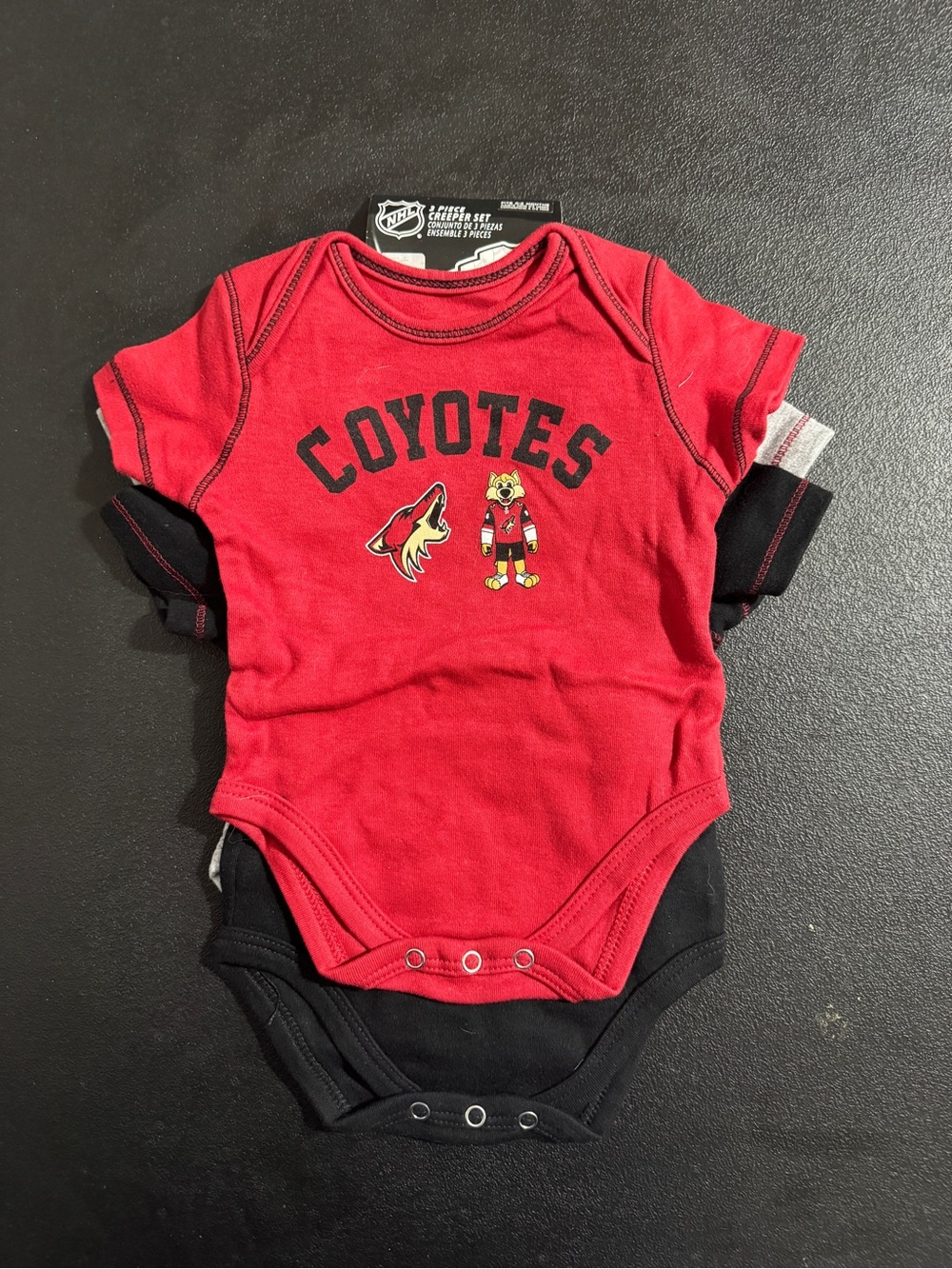 NWT NHL Arizona Coyotes Red, Black and Grey Baby One-Piece Bodysuits 3 Pack